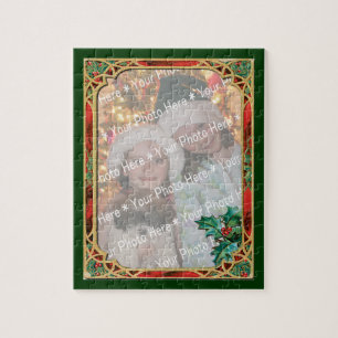 Add-A-Photo Stained Glass Frame with Holly Leaves Jigsaw Puzzle