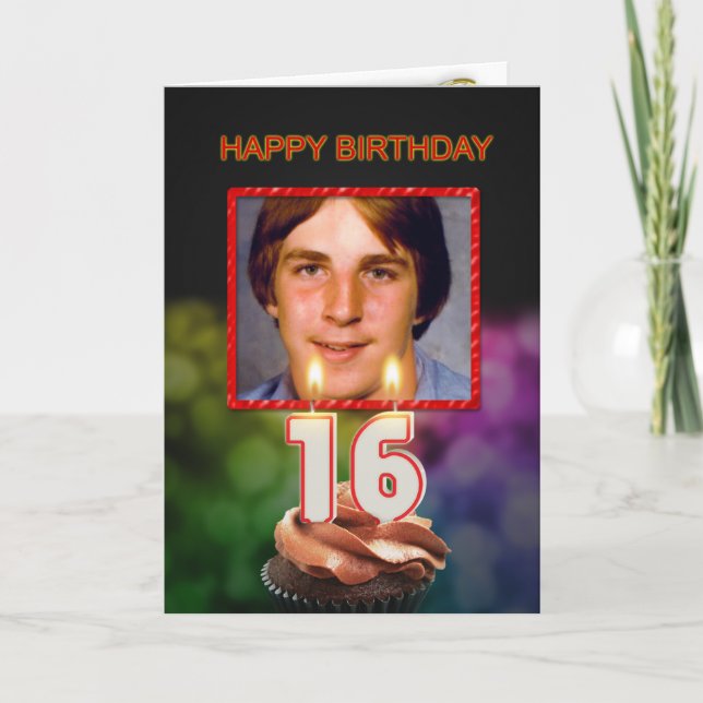 Add a picture, 16th Birthday with cake and candles Card (Front)