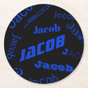 Add Any Name or Word Blue & Black Round Paper Coaster