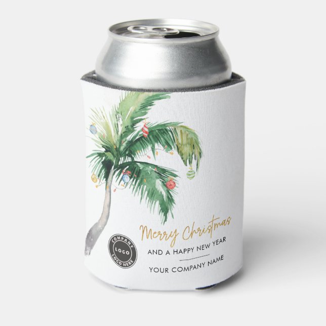 Add Business Logo Christmas Palm Tree Holiday Can Cooler (Can Back)