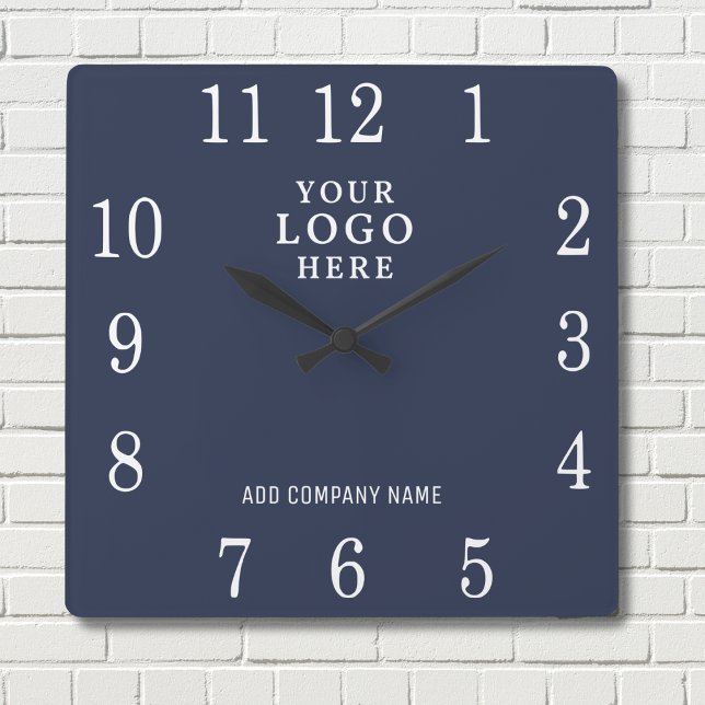 Add Business Logo Company Name Promotional Blue Square Wall Clock (Creator Uploaded)