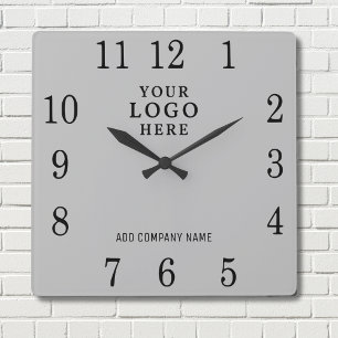 Add Business Logo Company Name Promotional Gray Square Wall Clock