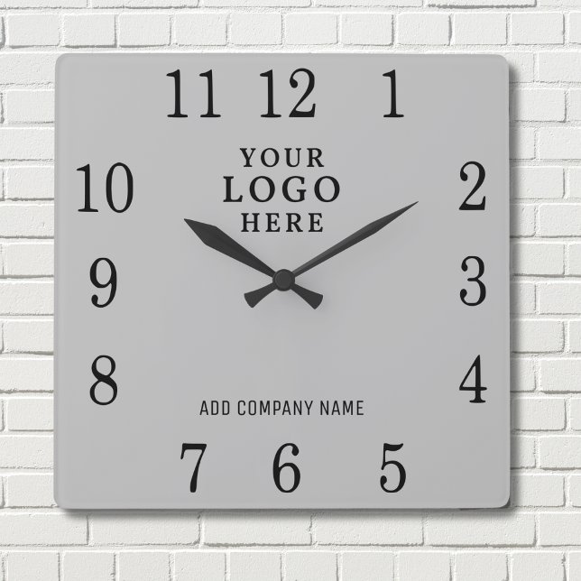 Add Business Logo Company Name Promotional Grey Square Wall Clock (Creator Uploaded)