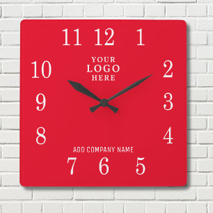 Add Business Logo Company Name Promotional Red Square Wall Clock