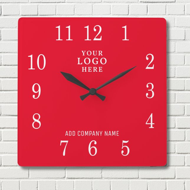 Add Business Logo Company Name Promotional Red Square Wall Clock (Creator Uploaded)
