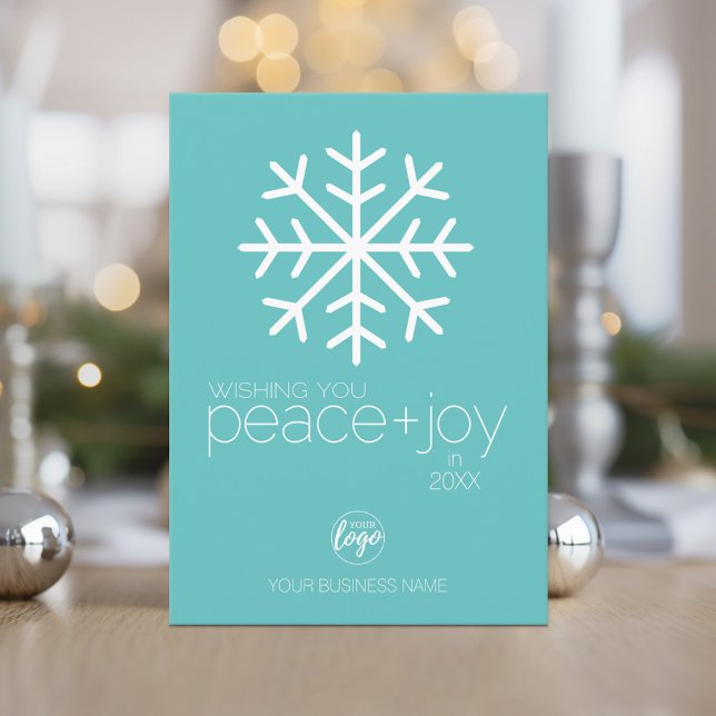 Add Business Logo - Peace & Joy Modern Snowflake Holiday Card (Holiday Card with Logo)