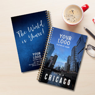 Add Business Logo Photo Tagline Blue Promotional Notebook