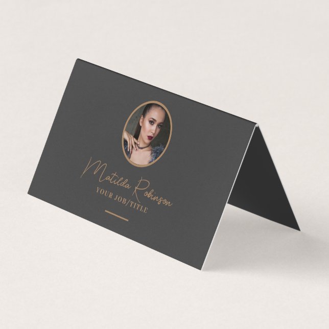 Add Circular Photo Gold Premium Black Grey Business Card (Front)