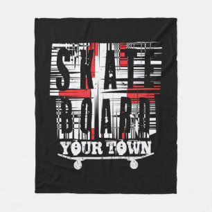 Add City Town Skateboard Distressed White on Black Fleece Blanket
