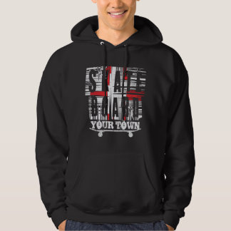 Add City Town Skateboard Distressed White on Black Hoodie