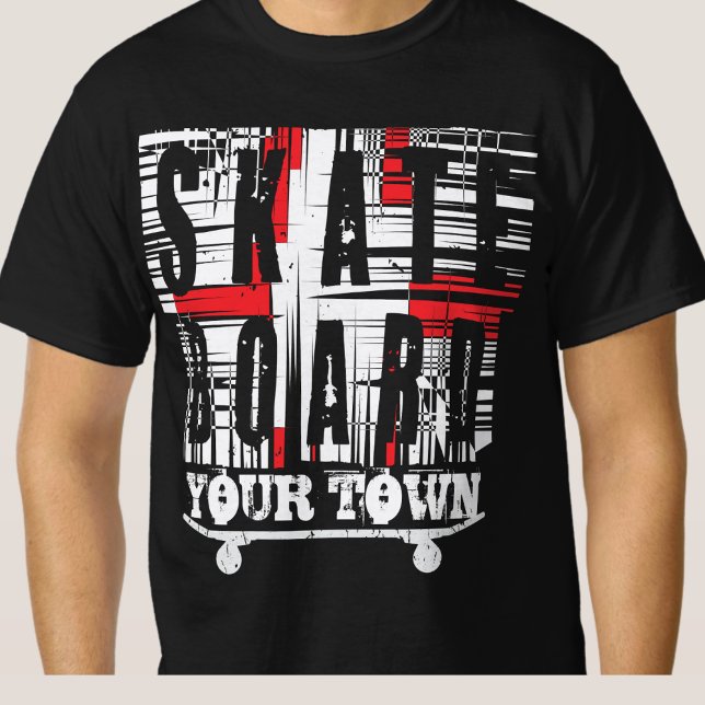 Add City Town Skateboard Distressed White on Black T-Shirt (Creator Uploaded)