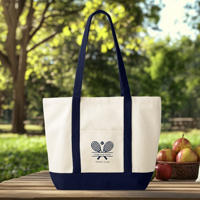 Add Club Name Tennis Tournament Player Promotional Tote Bag (Tennis Club Navy Blue Rackets Motif Elegant Tote Bag)