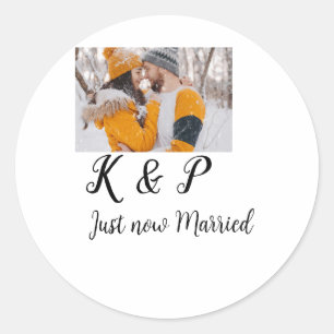 add coule photo just now married add name letter l classic round sticker
