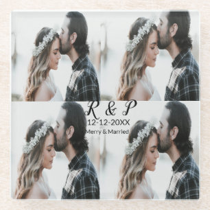 Add couple photo merry married add date year  glass coaster