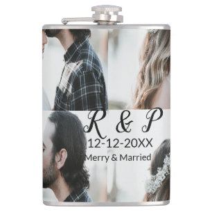 Add couple photo merry married add date year hip flask