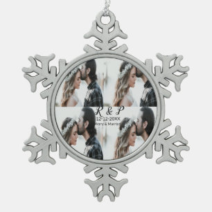 Add couple photo merry married add date year snowflake pewter christmas ornament