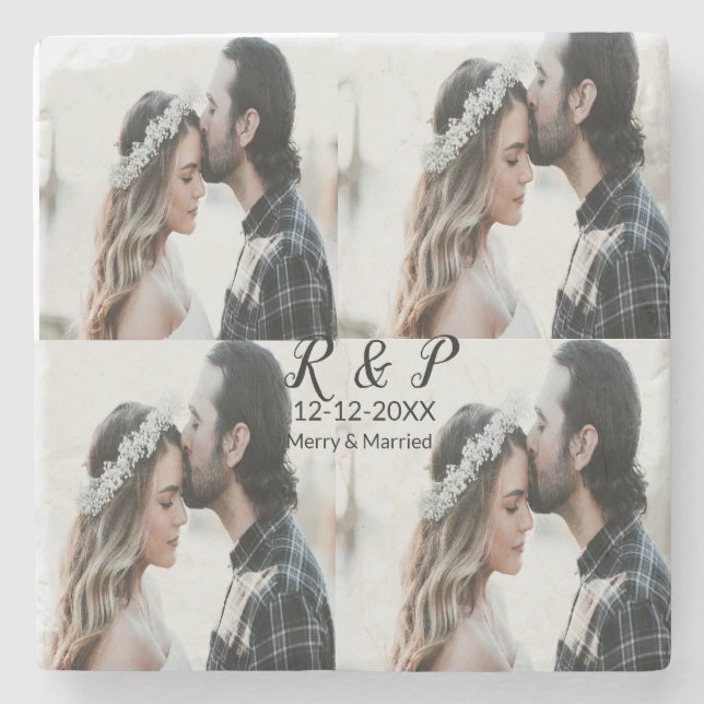 Add couple photo merry married add date year  stone coaster (Front)