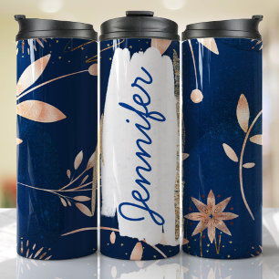 Add Custom Name Navy Floral Unique Gift Thermal Tumbler