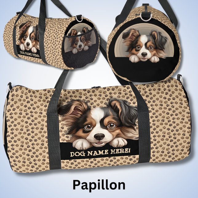Add Dog Name, Your Name, Papillon Duffle Bag (Creator Uploaded)