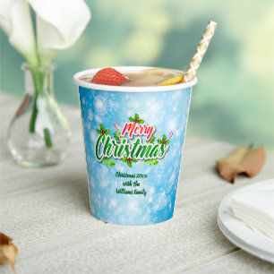 Add Family Name Matching Merry Christmas Blue Paper Cups