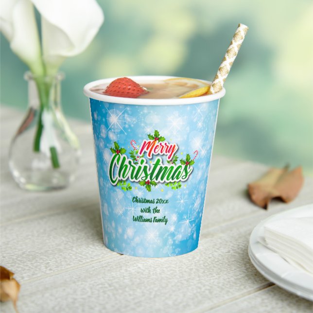 Add Family Name Matching Merry Christmas Blue Paper Cups (Insitu)