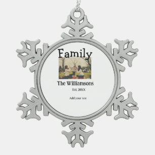 Add family name photo year rustic vintage template snowflake pewter christmas ornament