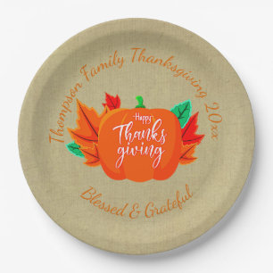 Add Family Name Text Thanksgiving Pumpkin 20xx 9" Paper Plate