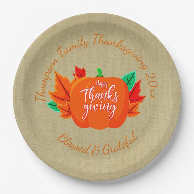 Add Family Name Text Thanksgiving Pumpkin 20xx  9" Paper Plate (Front)