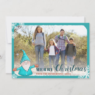 Add Family Photo Teal Blue Gnome Christmas Holiday Card