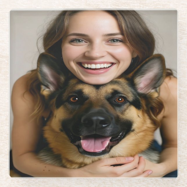 Add German Shepherd Photo Personalize Glass Coaster (Front)
