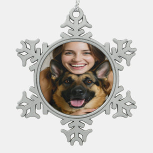 Add German Shepherd Photo Personalize Snowflake Pewter Christmas Ornament