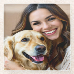 Add Golden Retriever Photo Personalize Glass Coaster