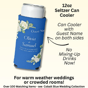 Add Guest Name Cobalt Blue & White Roses Seltzer Can Cooler