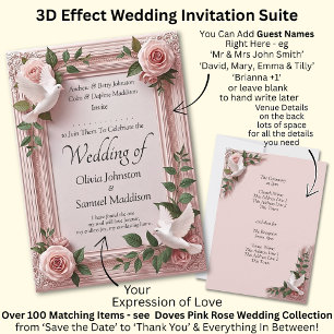 Add Guest Name Pink Roses & Doves Wedding Invitation