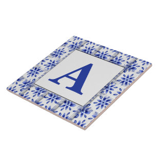 Add Initial On Decorative Blue And White Tile