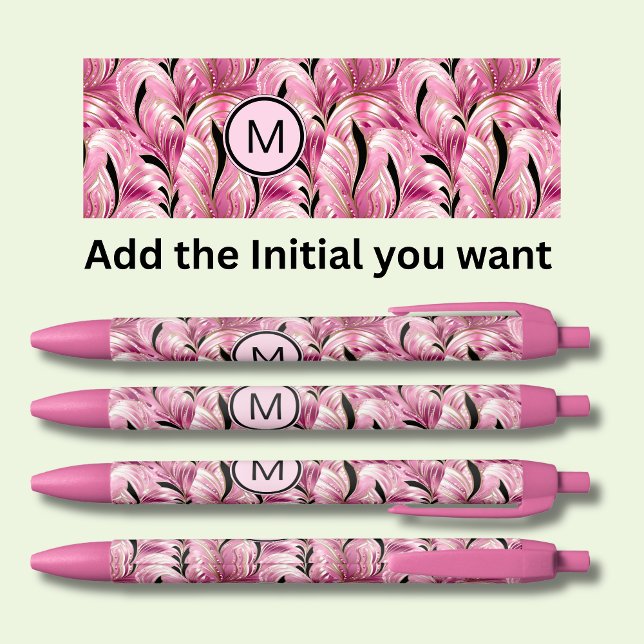 Add Initial, Soft Pink Gold Black Swirls Abstract Ink Pen (Creator Uploaded)