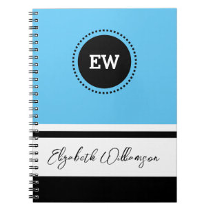 Add initials and name blue and black notebook