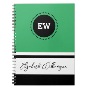 Add initials and name green and black notebook