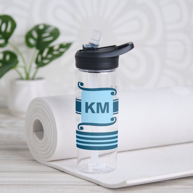 Add initials dark and pale blue with stripes water bottle (Yoga)