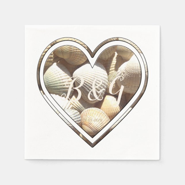 Add Initials & Date Seashells Heart, Beach Wedding Napkin (Front)