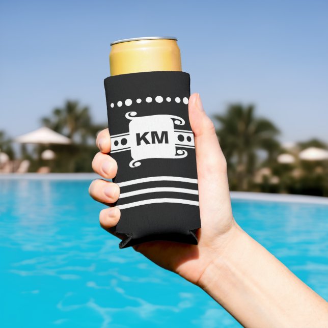 Add initials dots stripes relax black and white seltzer can cooler (In Situ Pool)