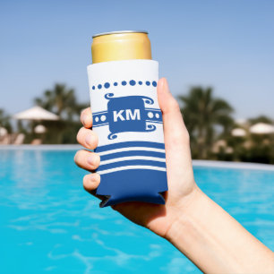 Add initials dots stripes relax white and blue seltzer can cooler