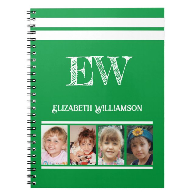 Add initials name 4 photos green white notebook (Front)