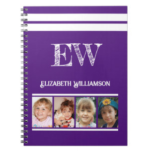 Add initials name 4 photos purple white notebook