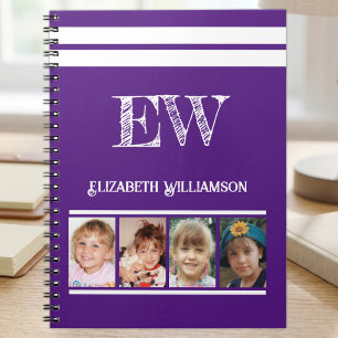 Add initials name 4 photos purple white notebook