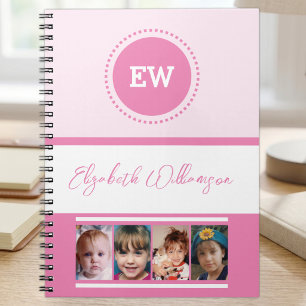 Add initials name 4 photos white pink notebook