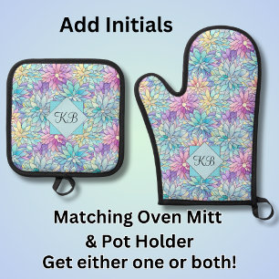 Add Initials, Pastel Abstract Flowers Oven Mitt & Pot Holder Set