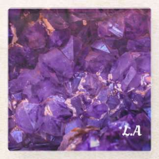 Add Initials - Purple Crystals Glass Coaster
