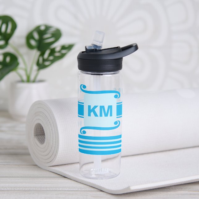 Add initials sky blue with stripes water bottle (Yoga)