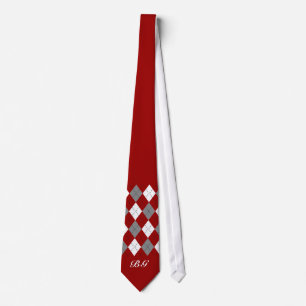 Add Initials Stylish Red Grey White Argyle Necktie